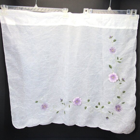 Kitchen Curtains White Sheer Fabric Embroidered & Applique Purple Flower 2 Panel - Picture 1 of 11